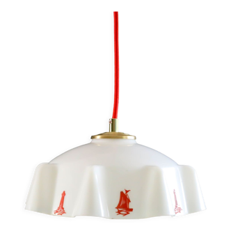 Old suspension lamp from the 60s in white bakelite with boat red decoration and lighthouse