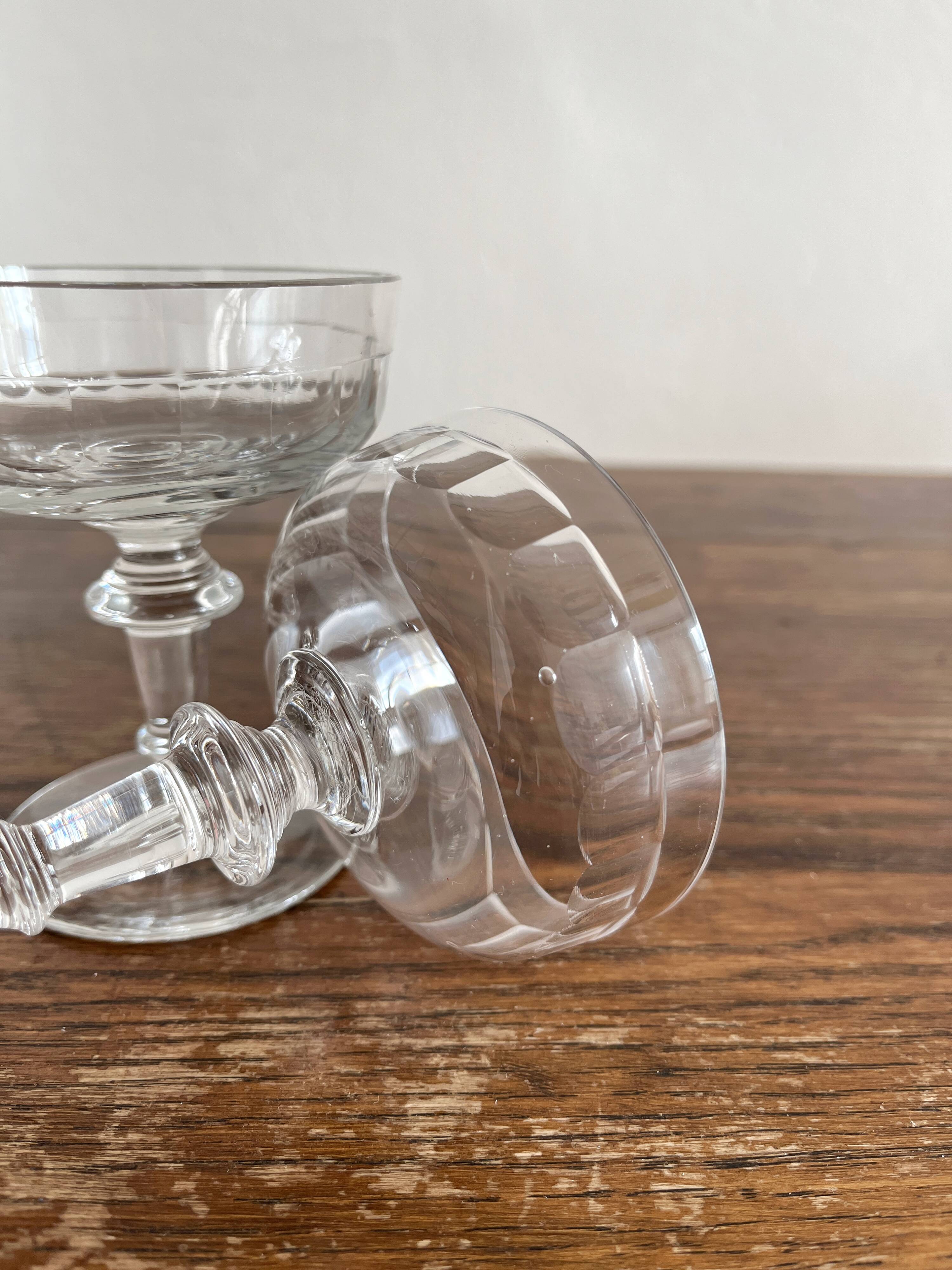 2 antique 19th-century blown glass champagne coupes with flat sides