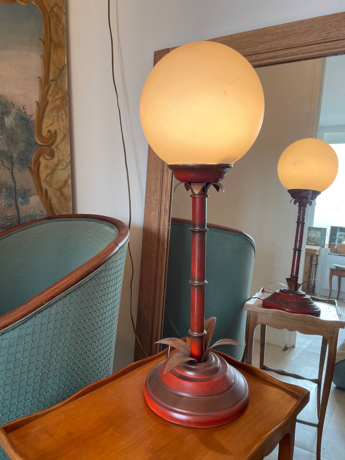 3. Art Deco palm tree lamp – red base & white glass globe