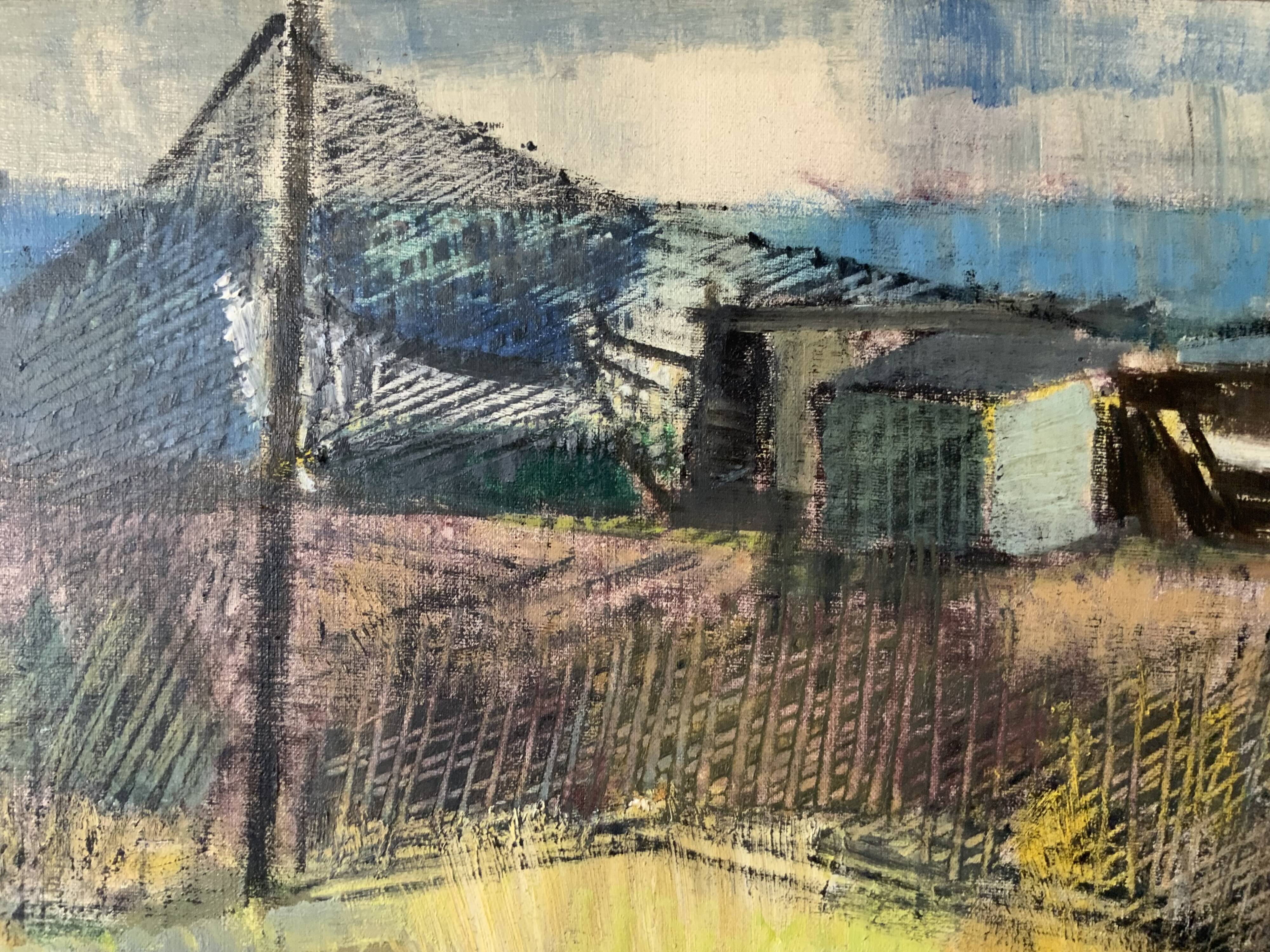 Vintage Oil Painting Fishing Village Scene 1950s