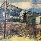 Vintage Oil Painting Fishing Village Scene 1950s