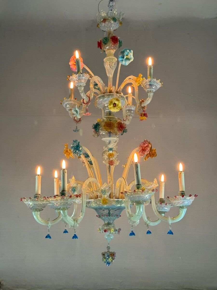 Venetian chandelier in multi-colored Murano glass, 11 light arms on two levels circa 1880