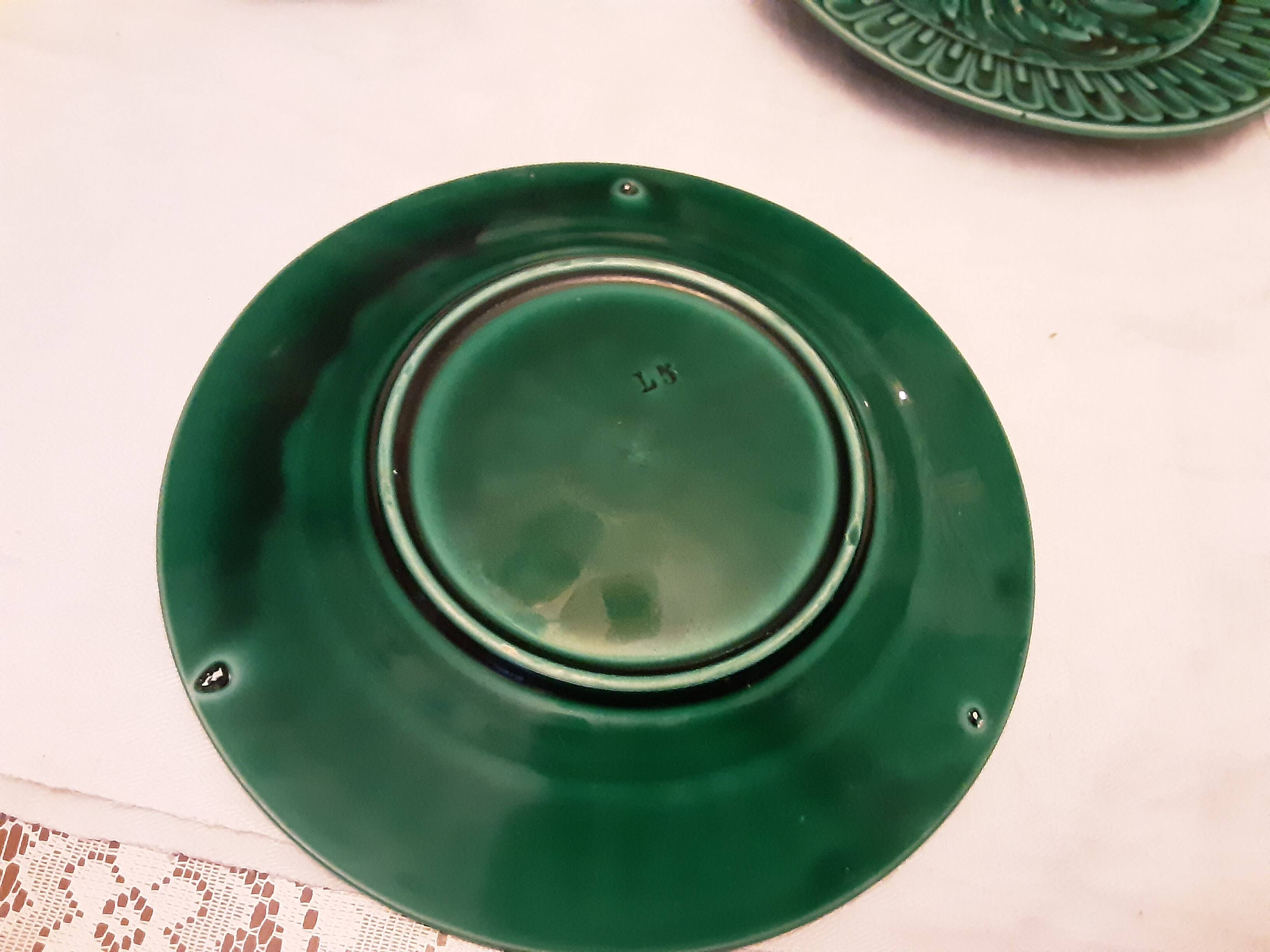 5 Antique Green Barbotine Earthenware Plates