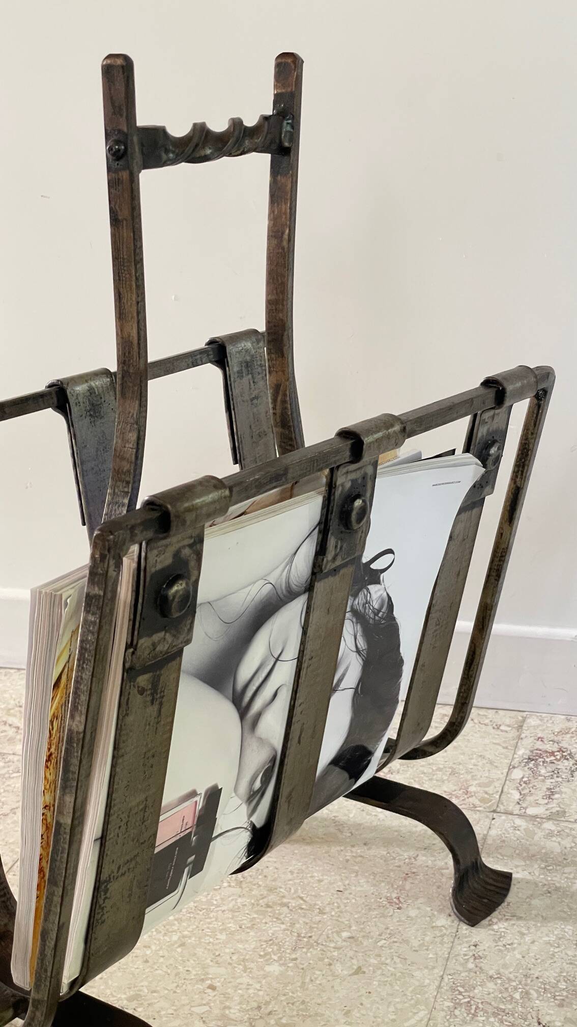 Vintage Brutalist Steel Magazine Rack