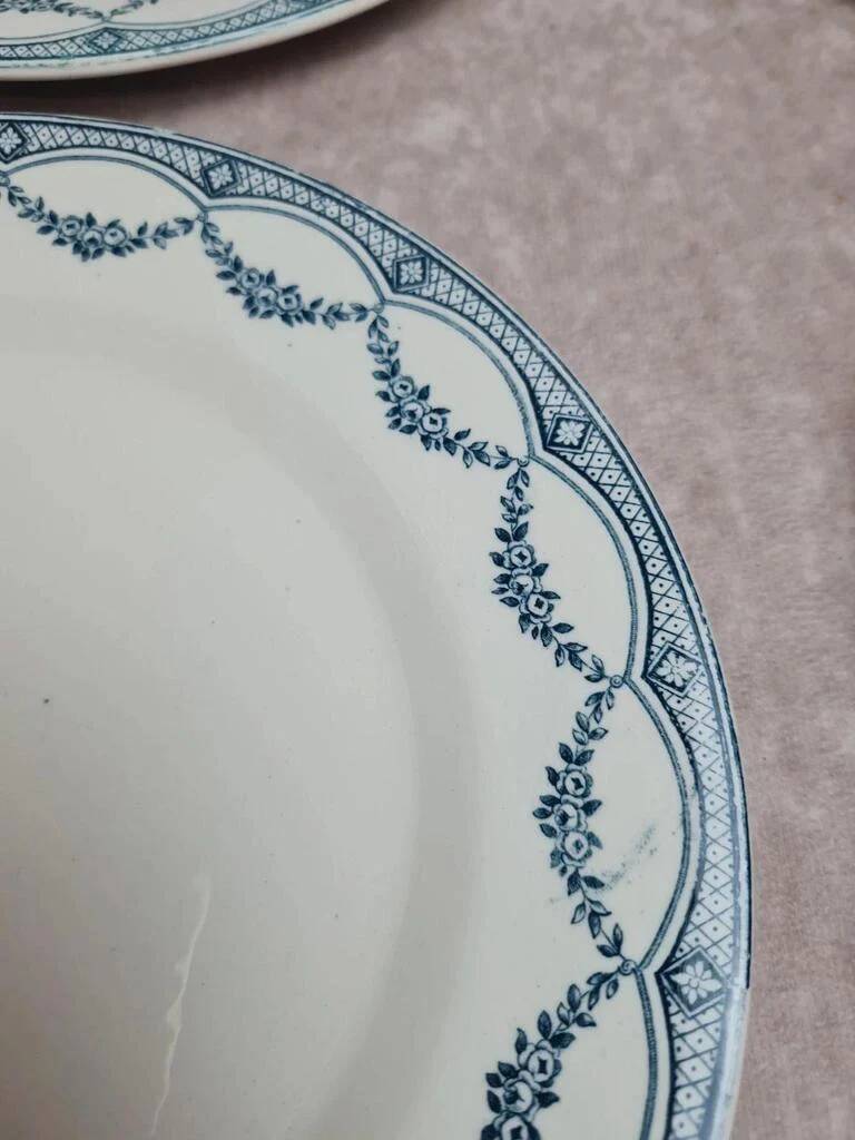 Set of 12 antique Salins "Petit Trianon" blue ironstone dinner plates.