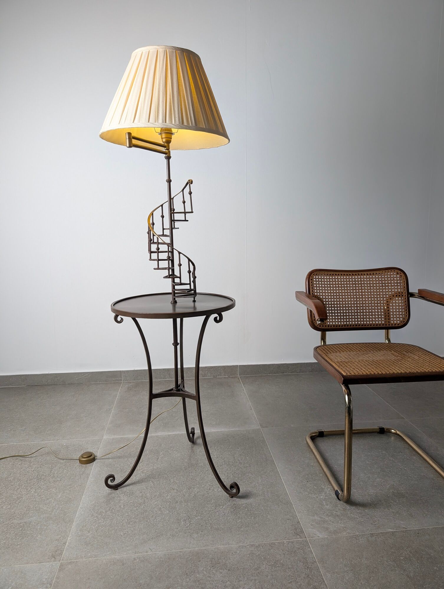 French Floor Lamp with Spiral Staircase, iron and brass, Mid-Century