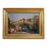 Great 20th-century painting by C. Mannucci, Carnival on the Rialto Bridge