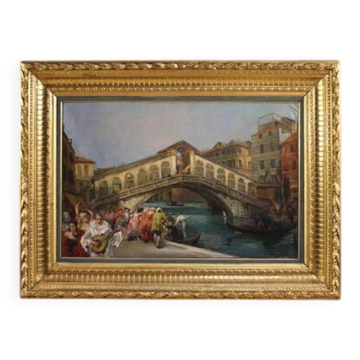 Superbe peinture du 20e siècle par C. Mannucci, Carnaval sur le pont du Rialto.
