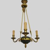 Chandelier, suspension in gilded bronze and green sheet metal with 3 arms, Empire style. Early 20th century