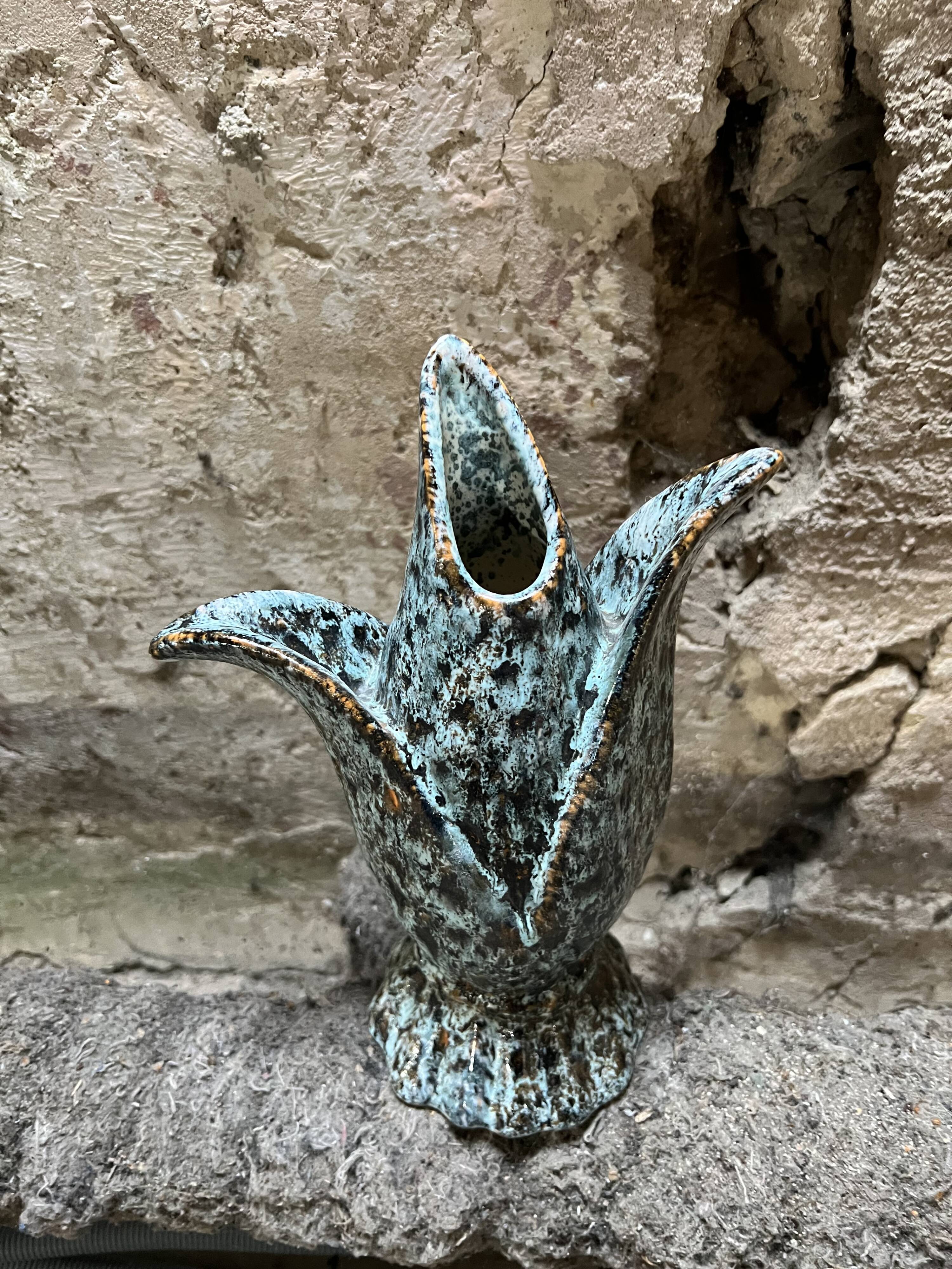 Vintage blue-green glazed ceramic tulip vase, stylized floral shape