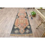 Tapis couloir vintage turc Oushak fait à la main en laine orange 76x374