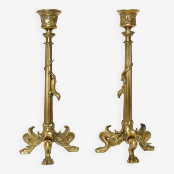 Pair of gilded bronze candlesticks decorated with lizards