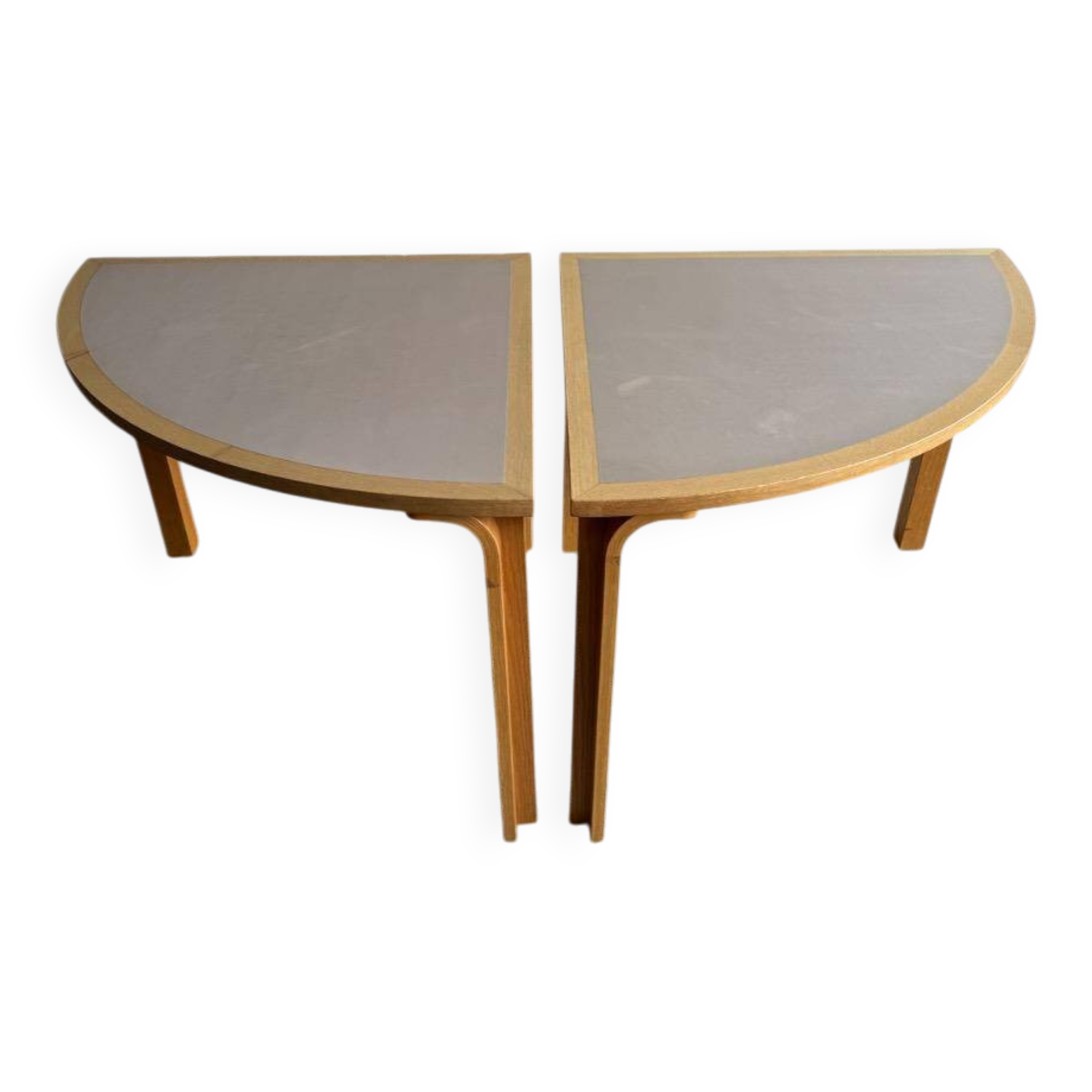 Set of 2 light-grey laminated and beech wood half-round dining tables by Magnus Olesen