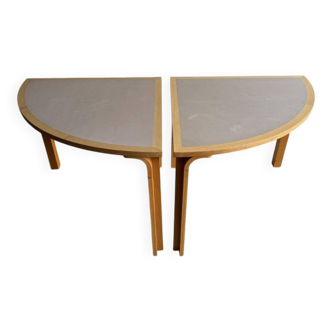 Set of 2 light-grey laminated and beech wood half-round dining tables by Magnus Olesen