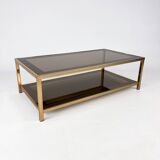 Table basse Belgo Chrome en laiton et verre fumé miroir, années 1970