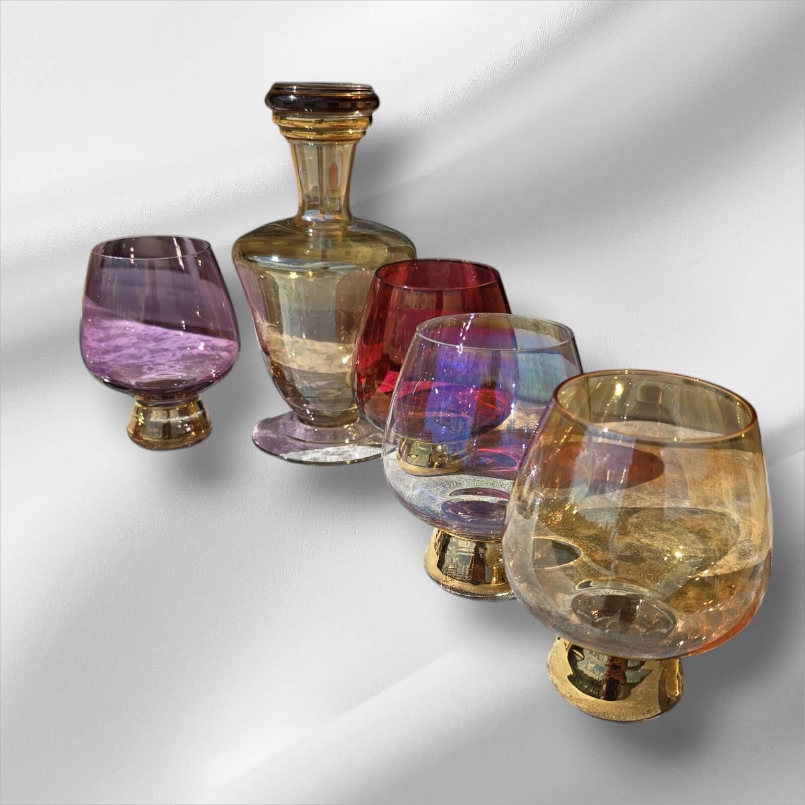 Harlequin liqueur/cognac decanter and 6 glasses, 1950s