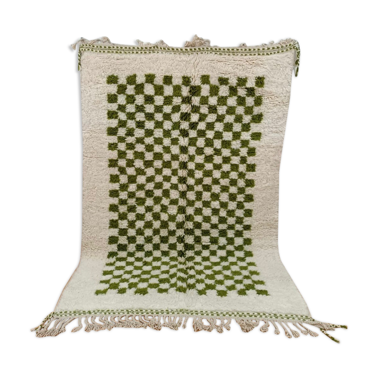 Berber carpet beni ouarain checkerboard white and green tiles wool, 270x170 cm
