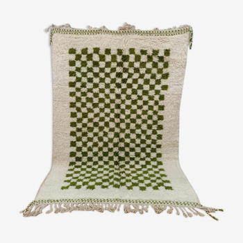 Berber carpet beni ouarain checkerboard white and green tiles wool, 270x170 cm