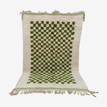 Tapis berbère beni ouarain damier blanc et vert carreaux laine, 270x170 cm