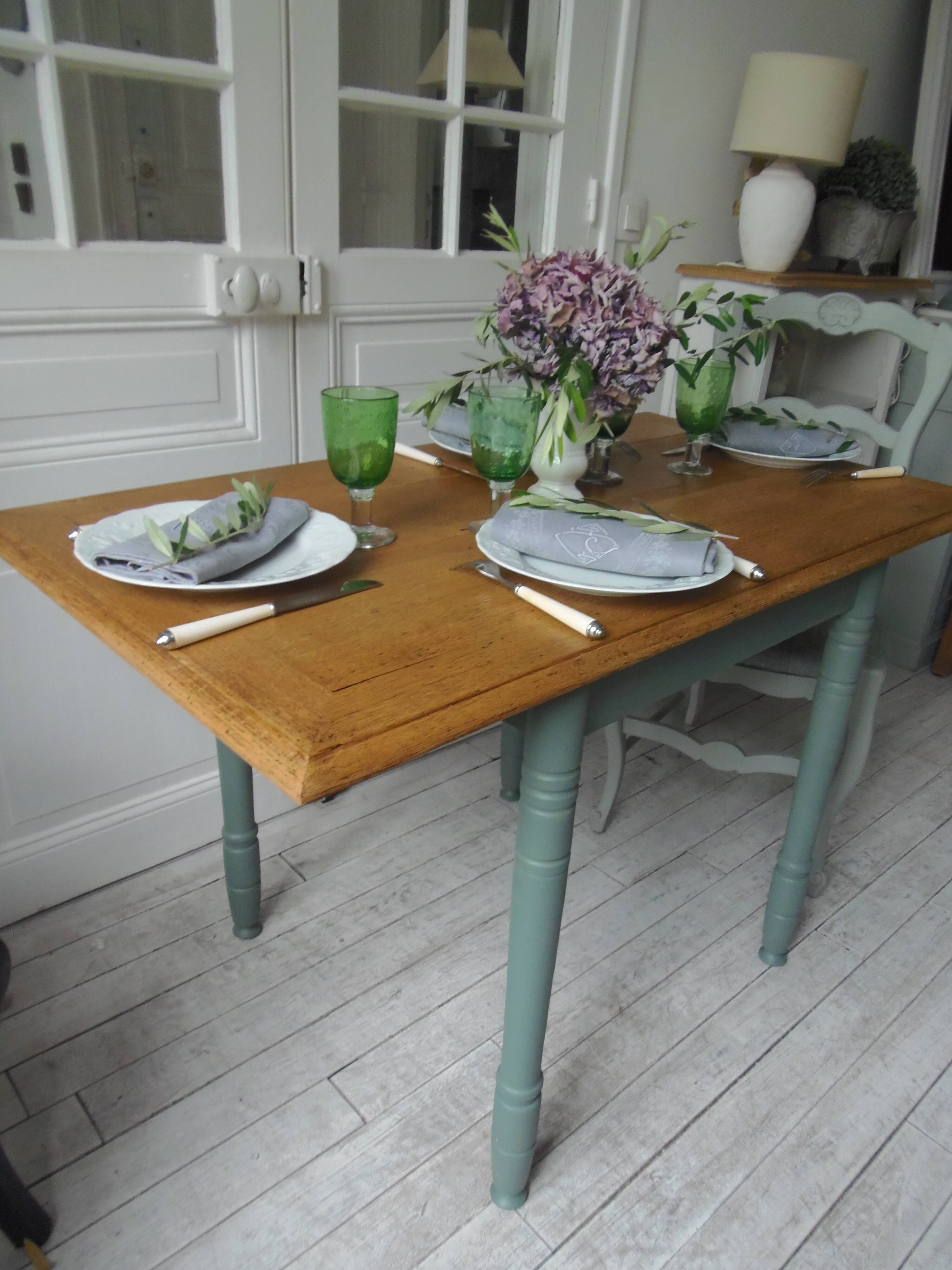 Table, vintage desk with smoked green legs and an oak top.