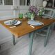 Table, vintage desk with smoked green legs and an oak top.