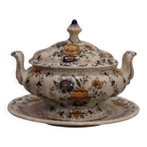 Rare - Earthenware soup tureen HB Quaregnon, floral decoration signed Hubert Becquet