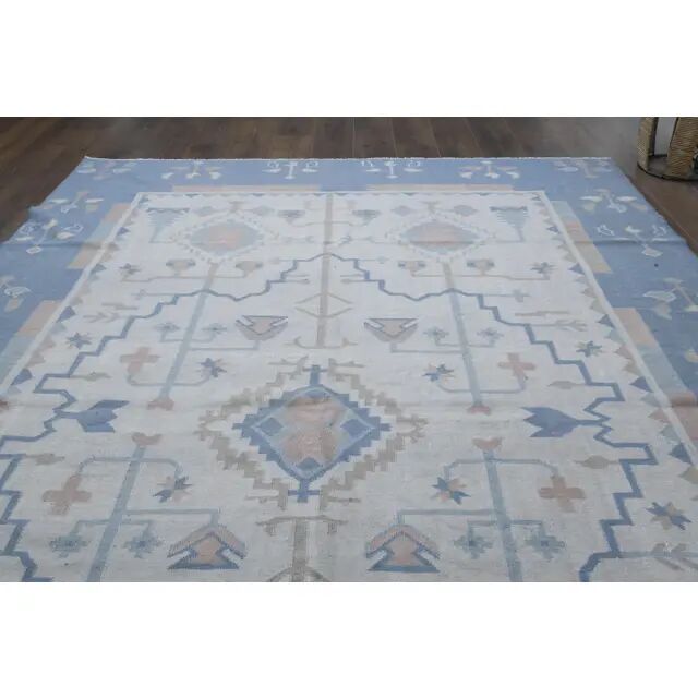 1970s Turkish Oushak Handmade Wool Cotton Blue Beige Area Rug 230x325