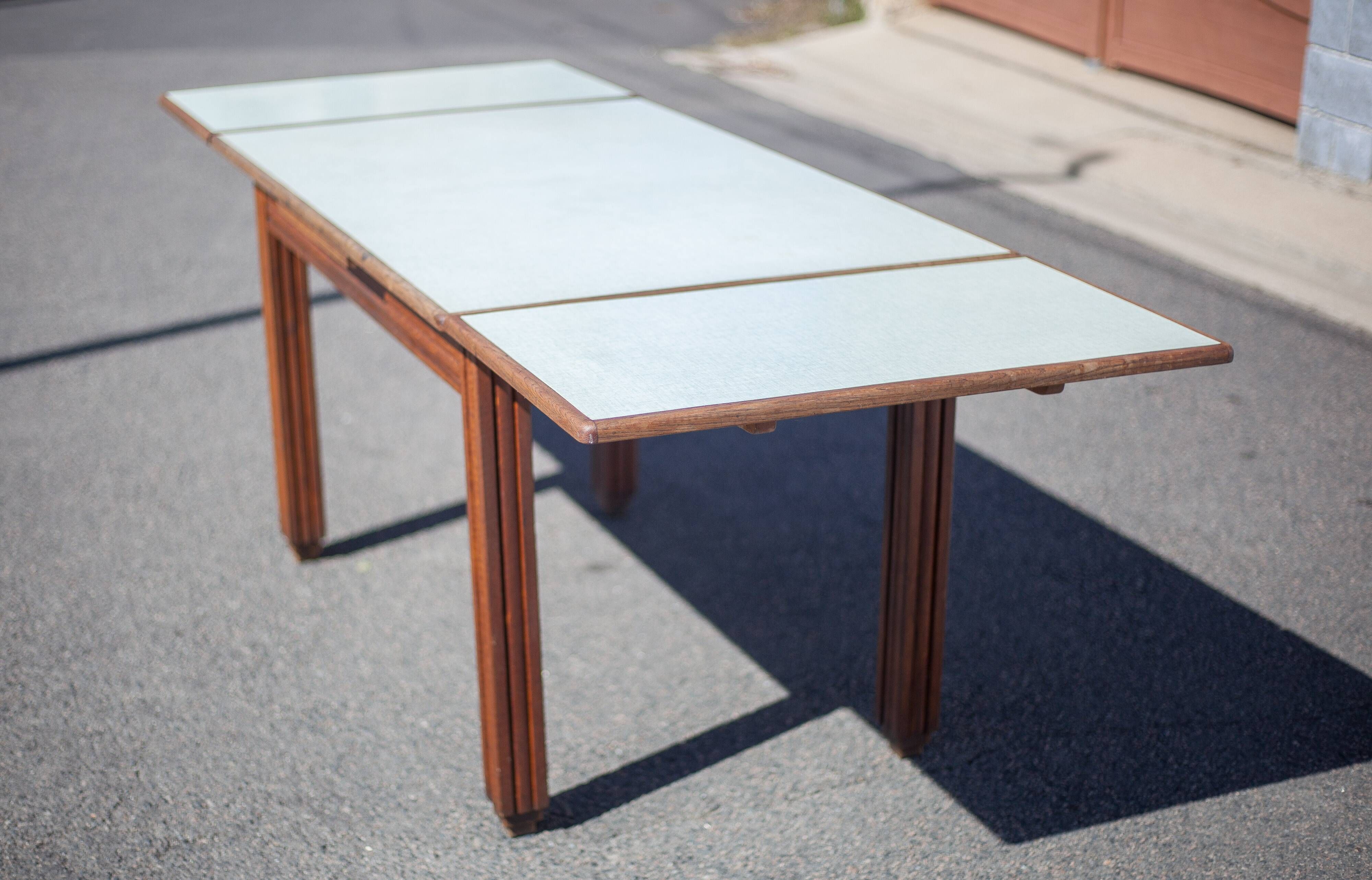 Antique wood table with 4 chairs, wooden table and formica, stepped foot table with extensions, 50's