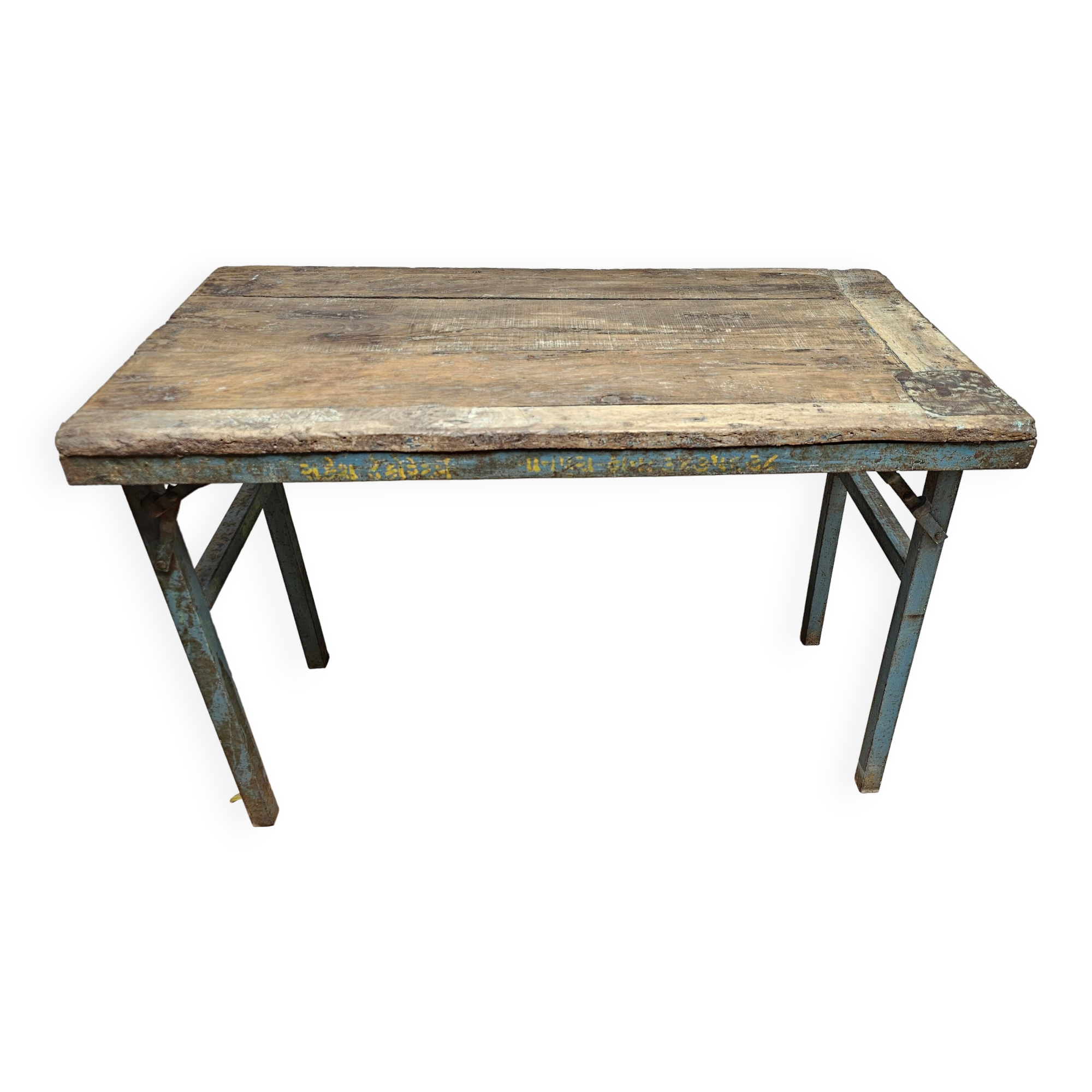 Table pliante d'atelier en teck et fer forgé