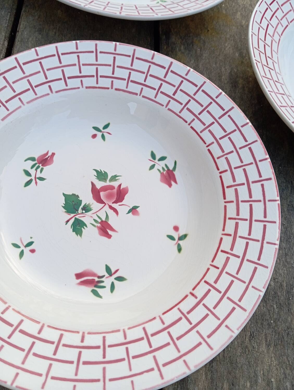 6 Rosa earthenware soup plates by Digoin Sarreguemines, 1950s