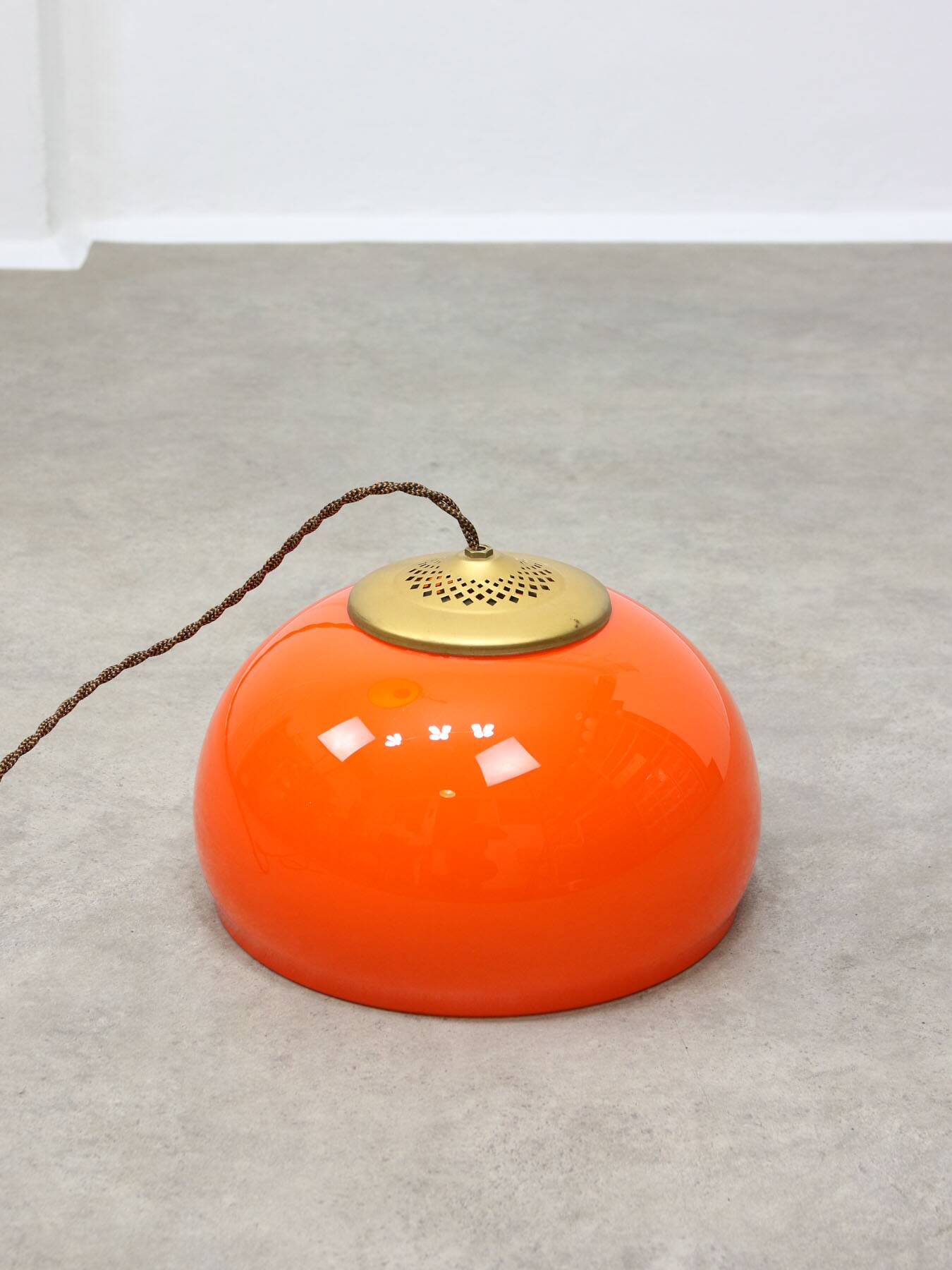 Mid-Century Italian Orange Glass and Brass Pendant Lamp