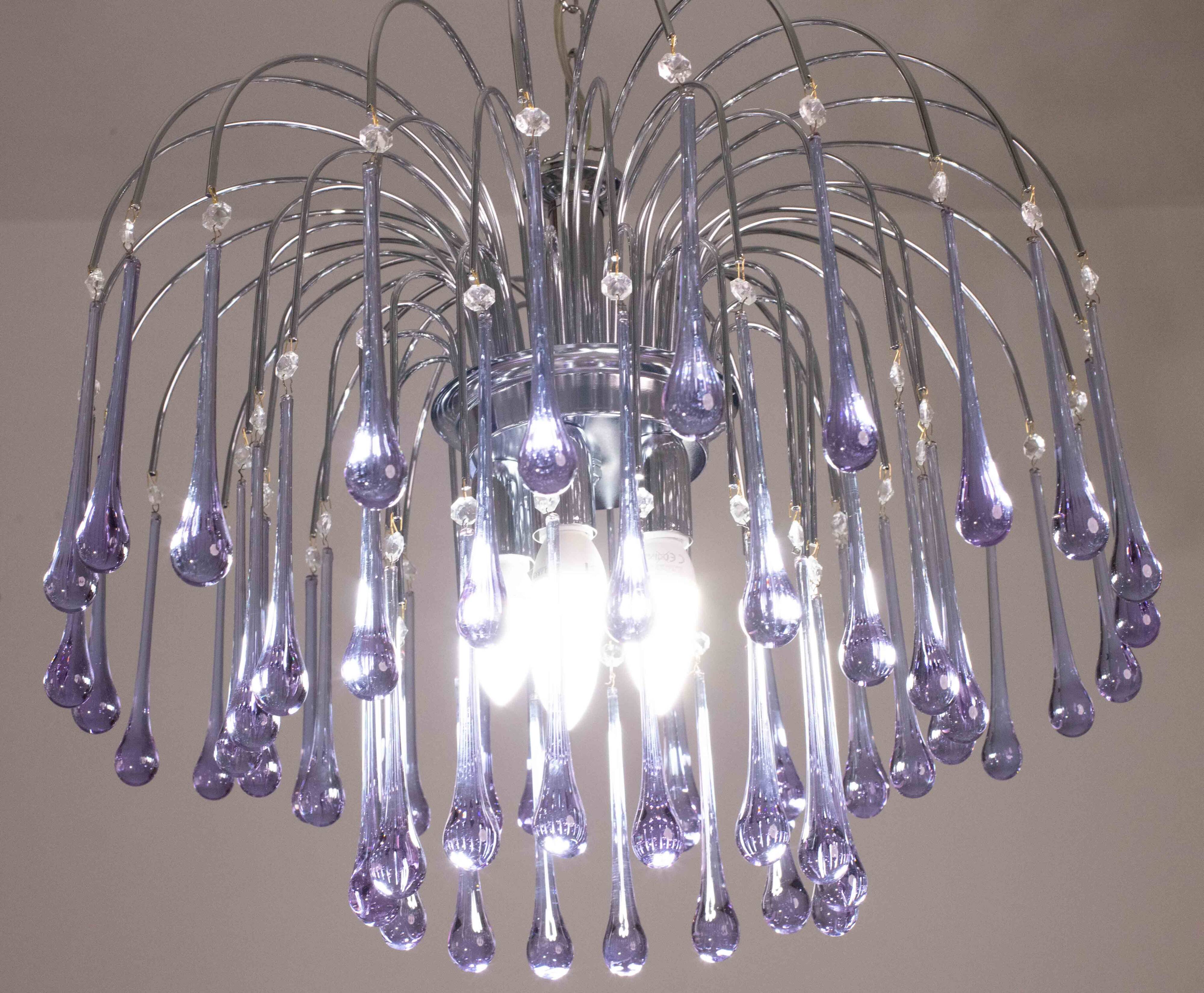 The Purple Crown, LArge Size Murano Chandelier Purple and Crystal Drops, 19