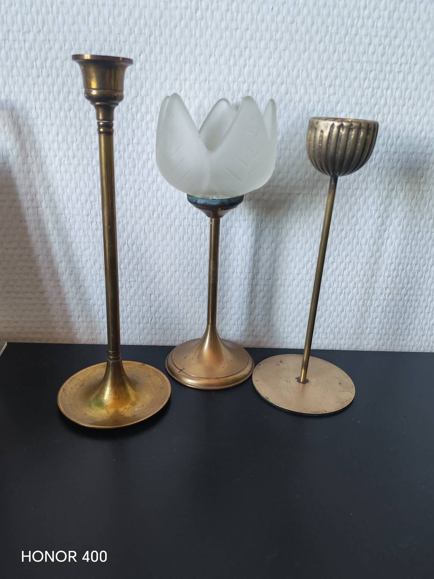 Vintage brass candlestick trio