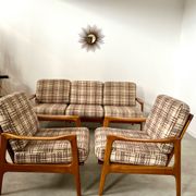 Lot armchairs and sofa 60 years Scandinavian design in vintage blond teak