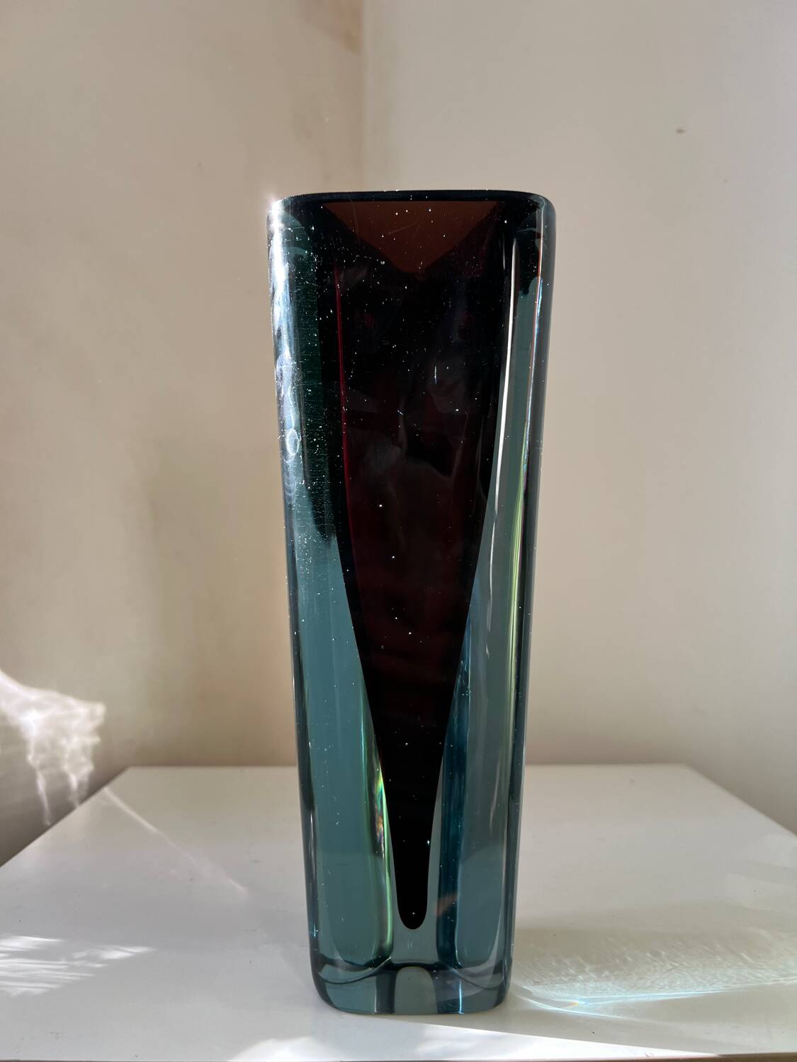 Large tall vintage crystal vase in a triangular shape, Murano style