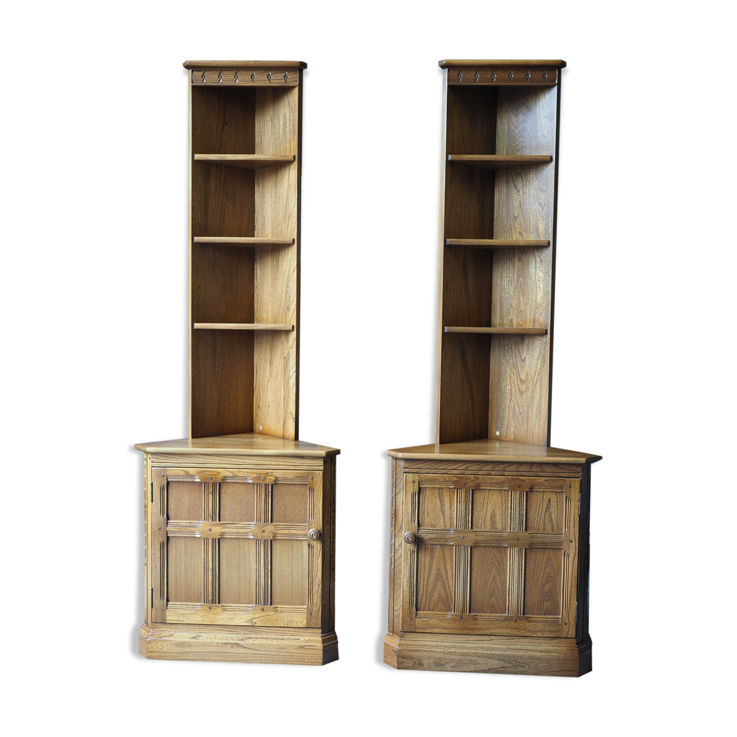 Pair of Ercol golden dawn corner cabinets elm mid century