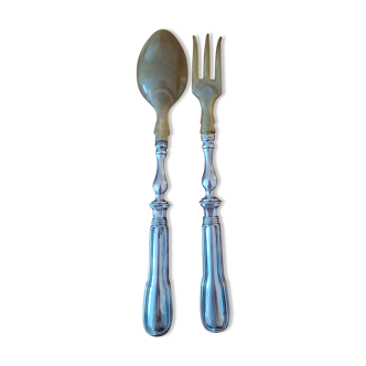 Couverts à salade Christofle en argent et corne