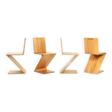 4 Zig Zag Ashwood Modernist Chairs after design Gerrit Rietveld, De Stijl 1930's