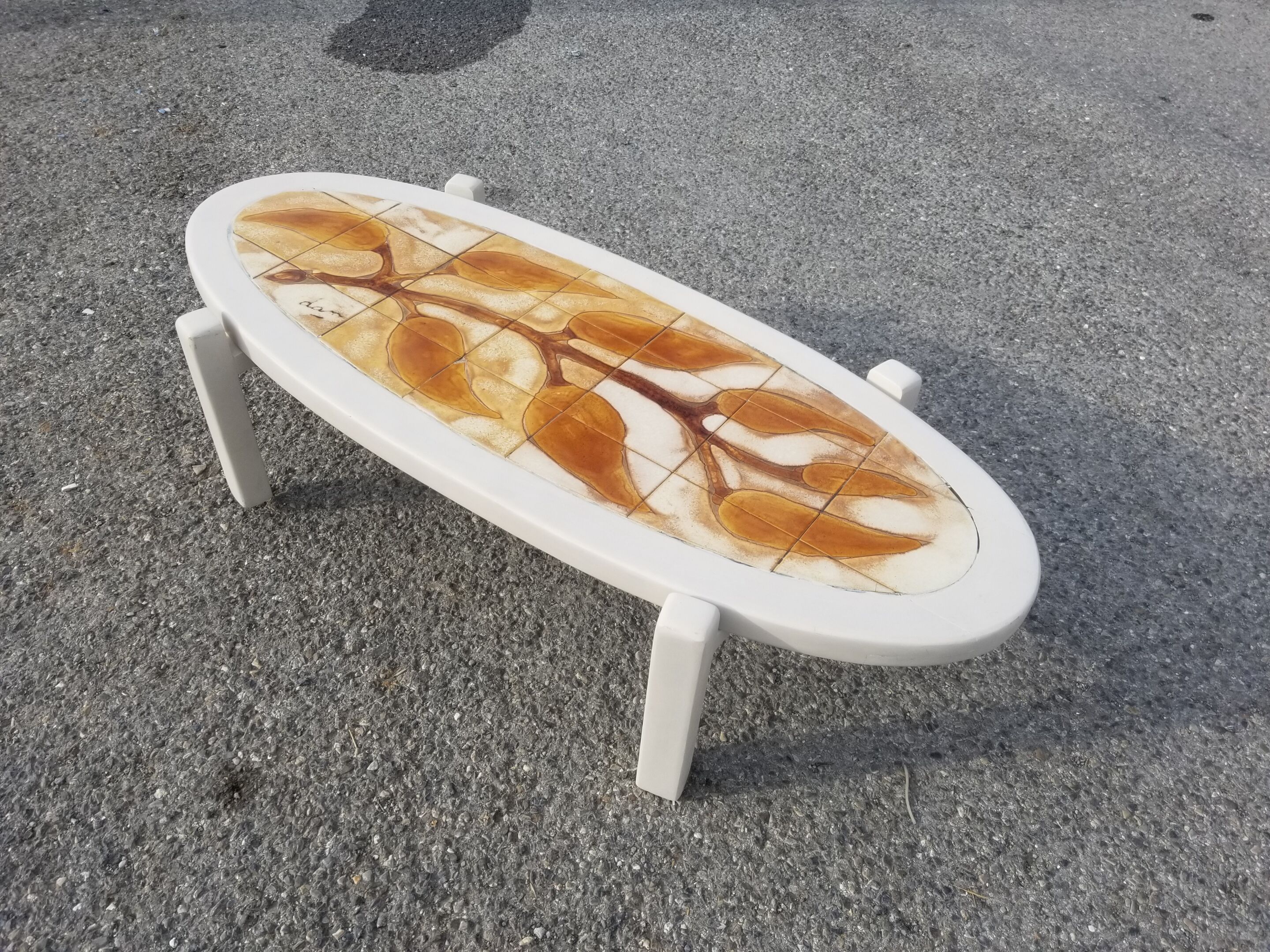 Vintage oval wooden and ceramic coffee table signed Dan - Vallauris