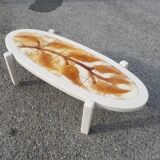 Vintage oval wooden and ceramic coffee table signed Dan - Vallauris