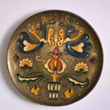 Old decorative brass and enamel wall plate signed GH