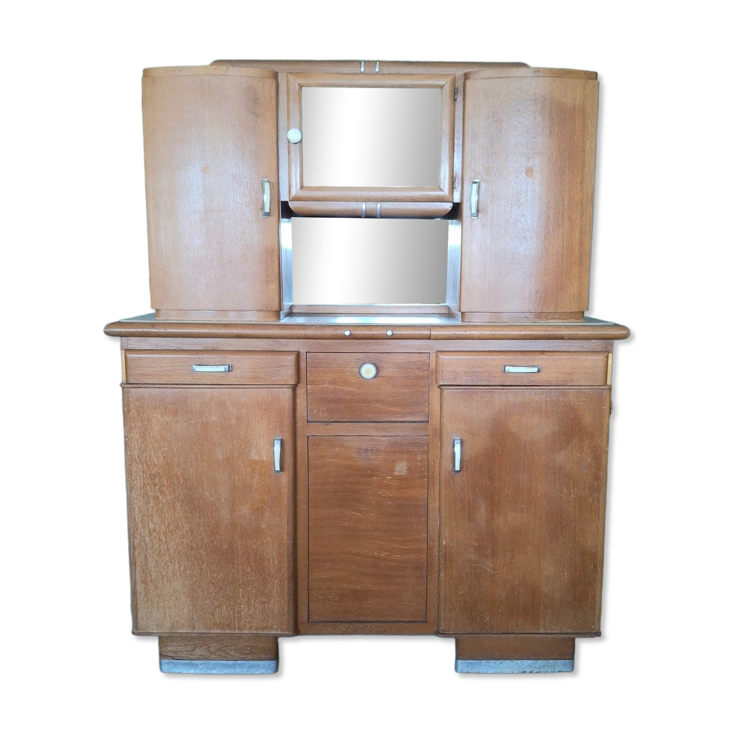 Buffet de cuisine 2 corps Art Déco années 40 – Verre gravé Cerf