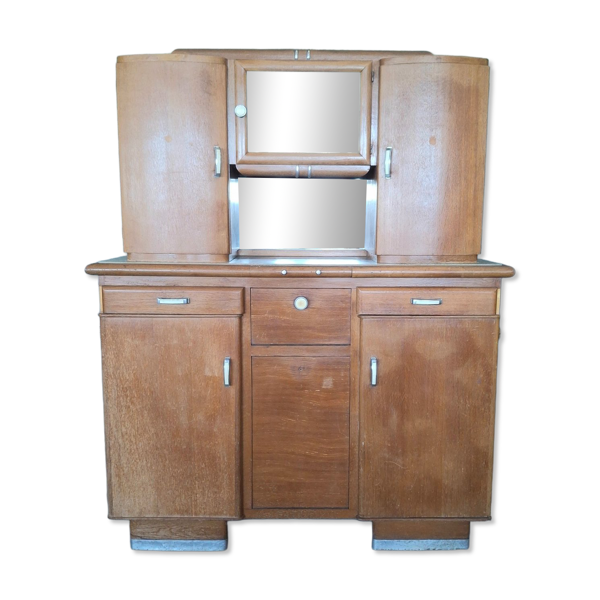 Buffet de cuisine 2 corps Art Déco années 40 – Verre gravé Cerf