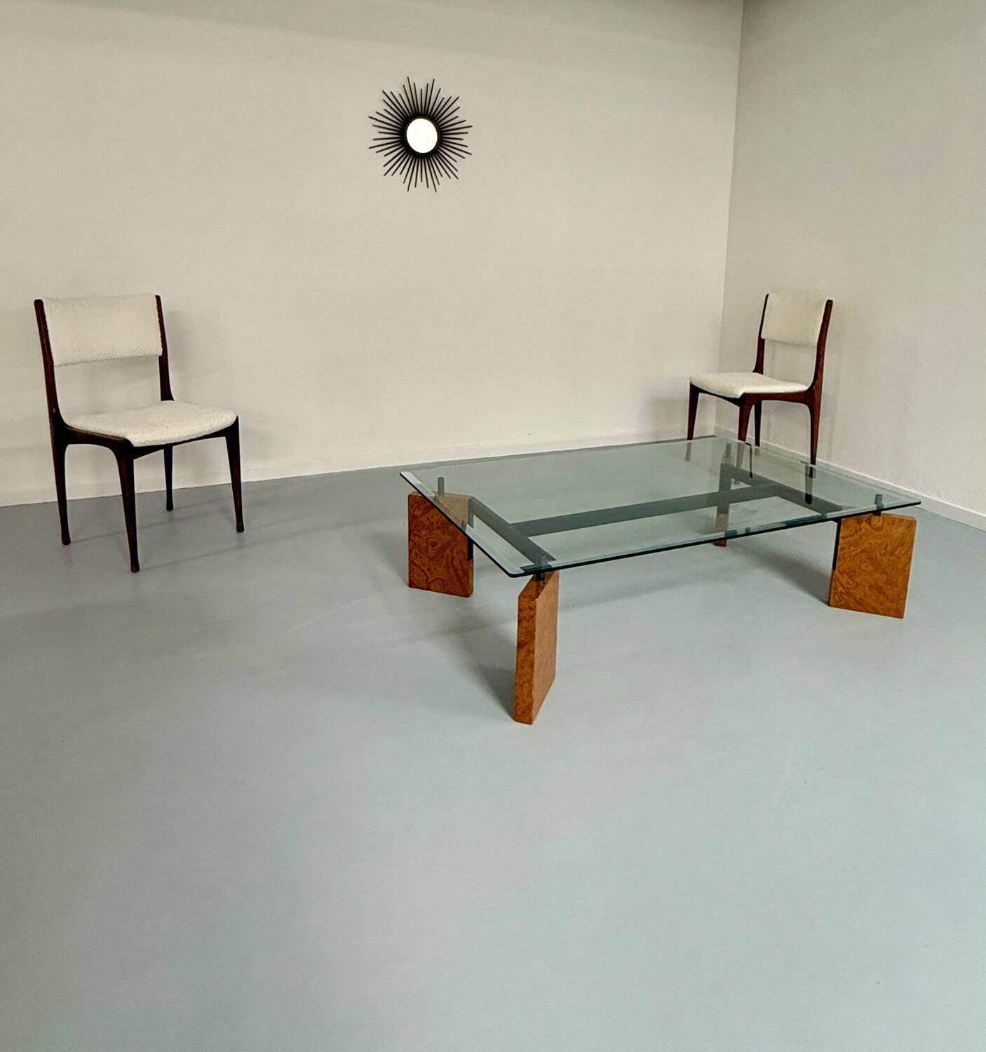 Old coffee table in glass and magnifying glass, French design Paul Michel, year 70