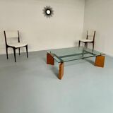 Old coffee table in glass and magnifying glass, French design Paul Michel, year 70