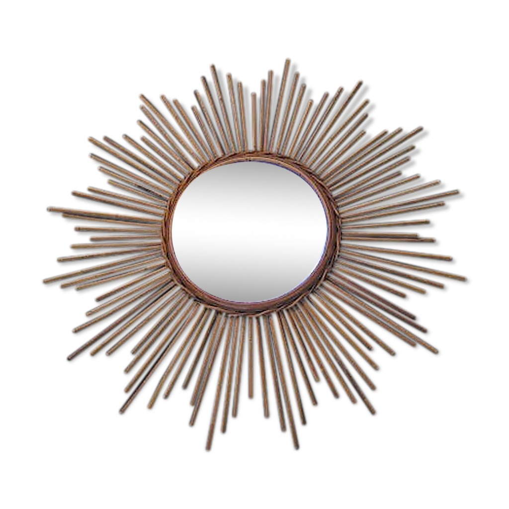 Miroir Soleil En Rotin Vintage Années 60 - Diamètre 65 Cm - Couleur Beige - Bon état Occasion
