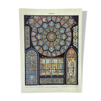 Gravure ancienne 1898, Vitraux 1, église, vitrail • Lithographie, Planche originale