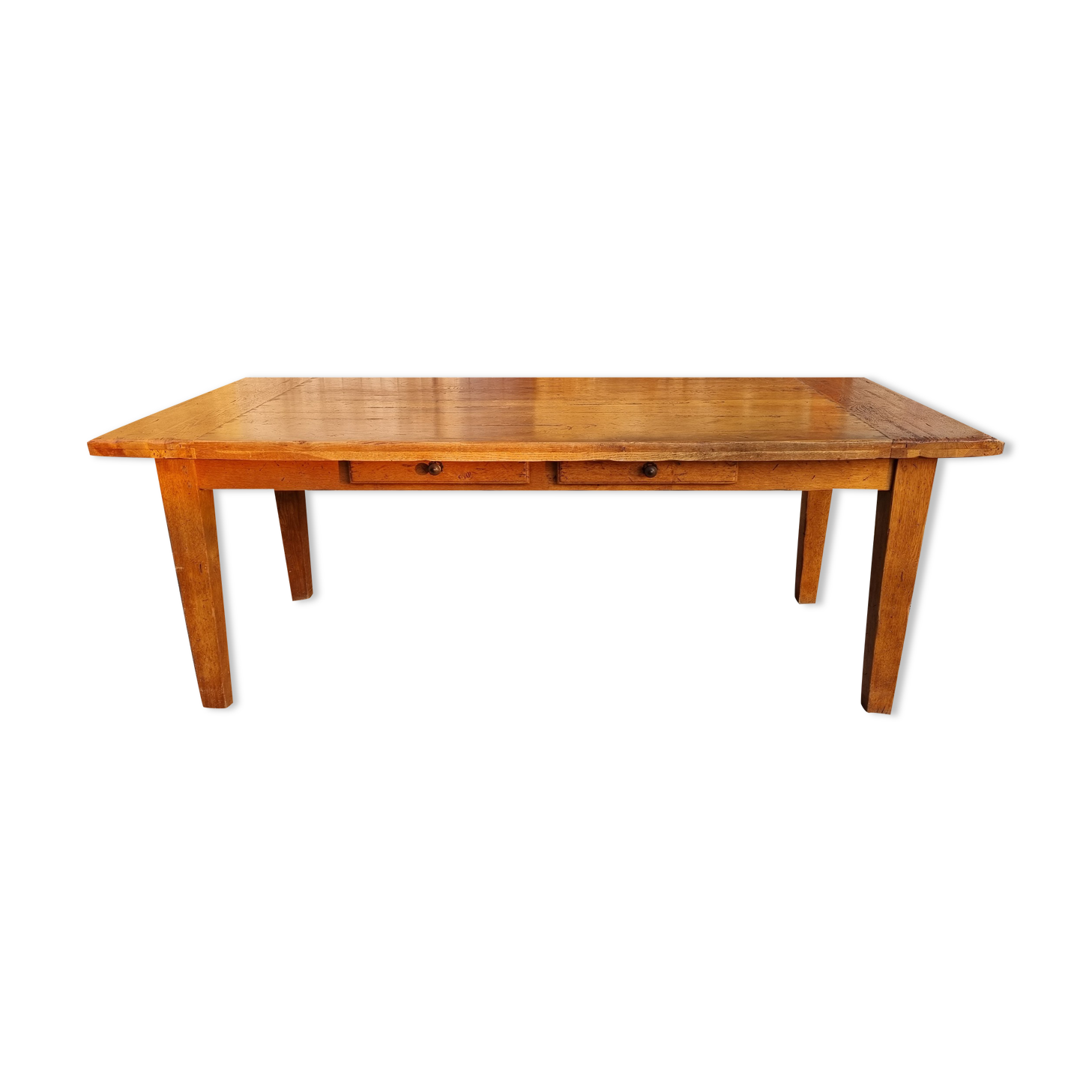 Solid oak farmhouse table, two drawers, vintage, early twentieth century.