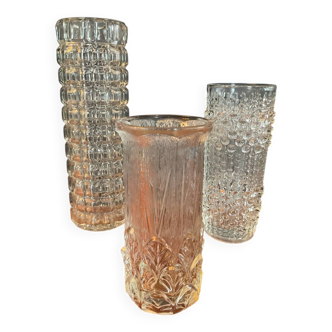 Vintage trio of moulded glass roll vases