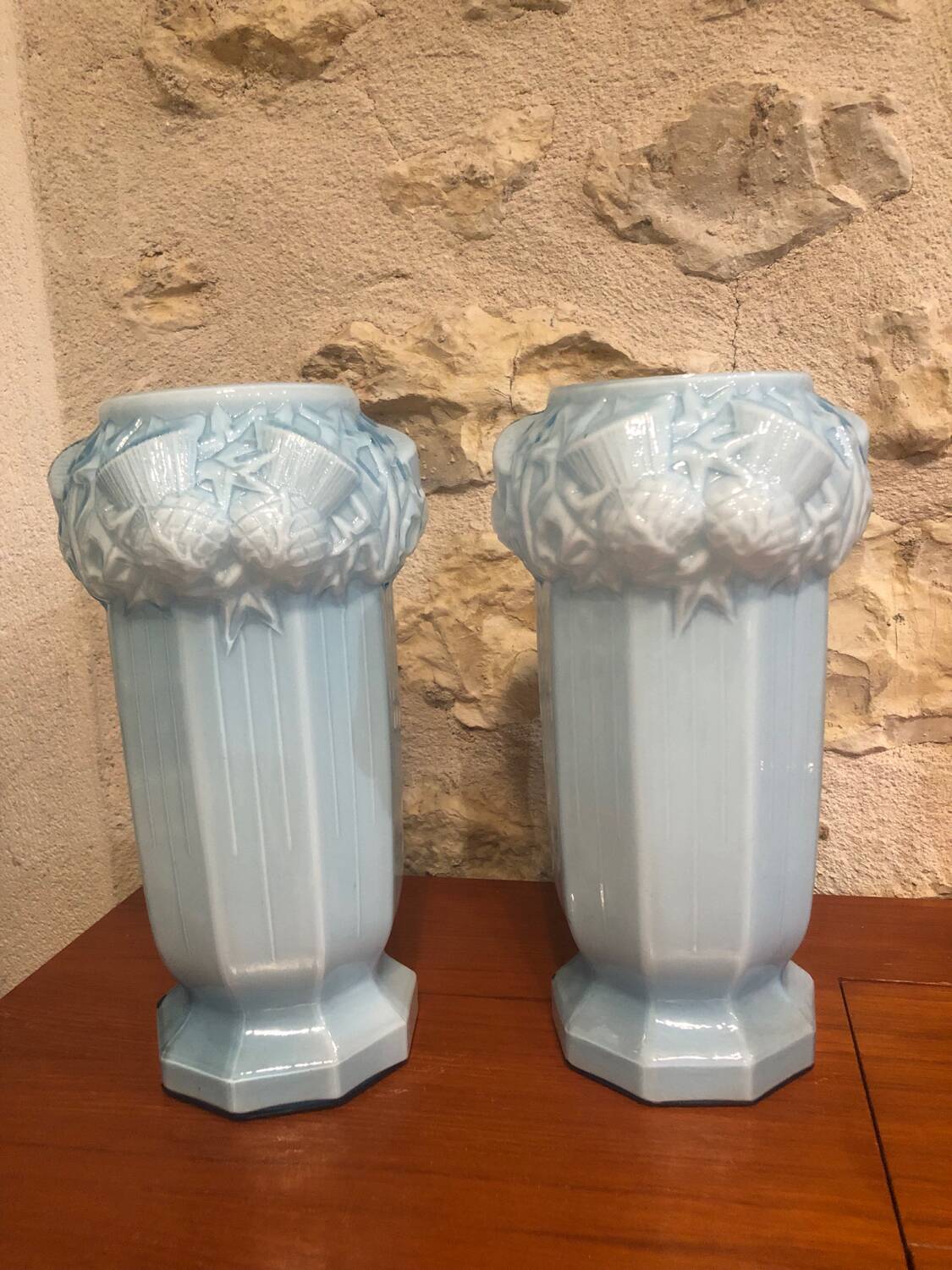 2 Antique blue opaline Art Nouveau vases with thistle motifs